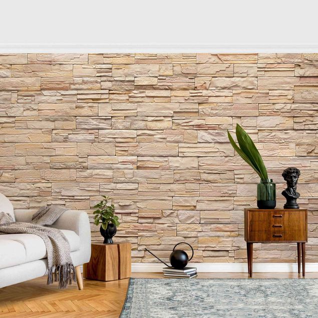 Papier peint moellon Mur de pierre asiatique - Mur de pierre très lumineux fait de pierres confortables