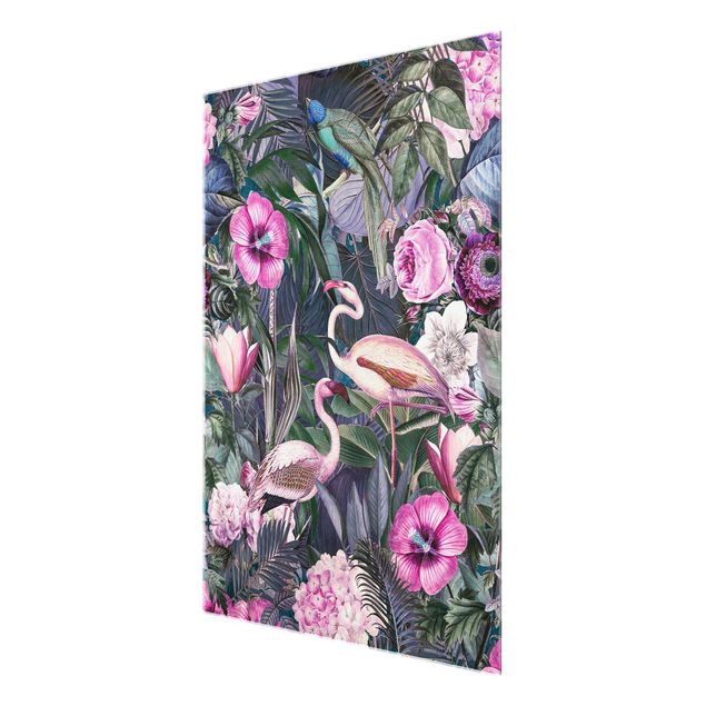 tableaux floraux Collage coloré - Flamants roses dans la jungle