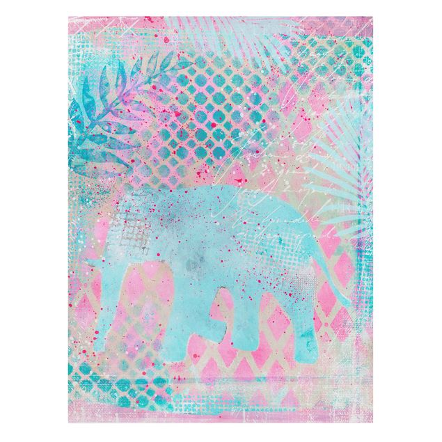 Tableaux moderne Collage coloré - Eléphant en bleu et rose