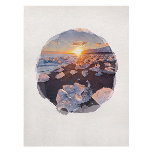 Tableau toile coucher de soleil Aquarelles - Morceaux de glace sur la plage Islande