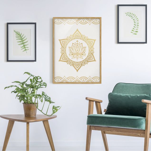 Tableau zen Illustration Mandala Lotus Or blanc