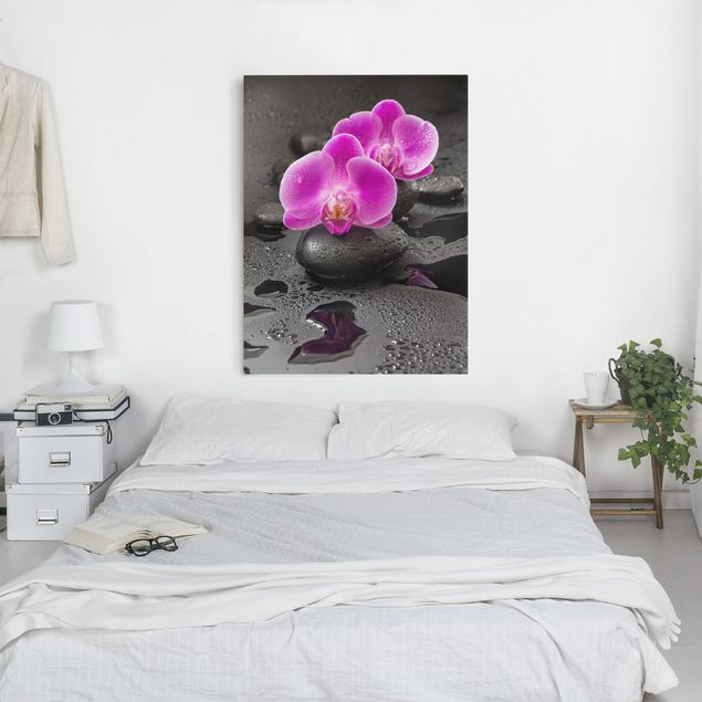 Tableau toile orchidée Fleur Orchidée Rose sur Pierres avec Gouttes