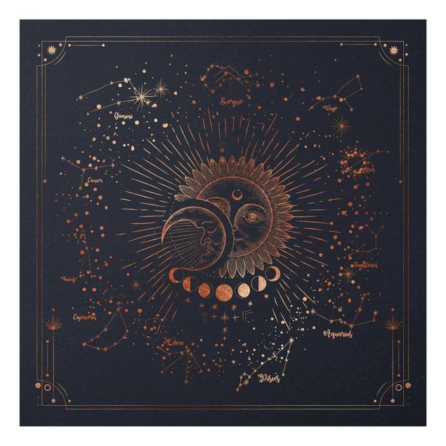 Tableaux mappemonde Astrologie Soleil Lune Et Étoiles Or Bleu