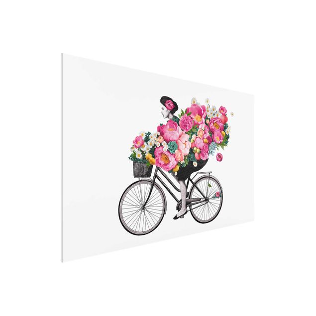 Tableau moderne Illustration Femme à Bicyclette Collage Fleurs Colorées