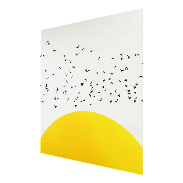 Tableau nature Foule d'oiseaux devant un soleil jaune