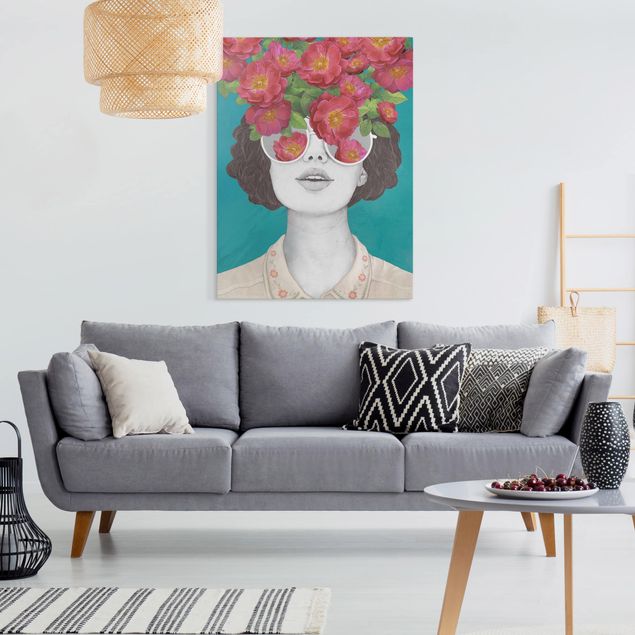 Toiles roses Illustration Portrait Femme Collage avec Fleurs Lunettes