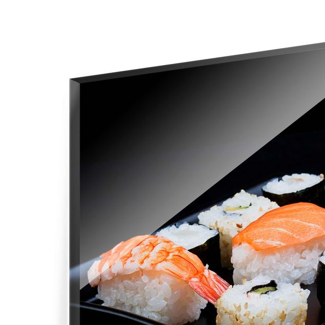 Tableaux en verre magnétique Assiette de Sushi avec baguettes noires