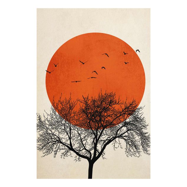 Tableaux animaux Volée d'oiseaux devant un soleil rouge II