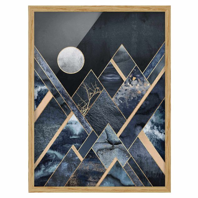 Tableau abstrait Lune dorée Montagnes noires abstraites
