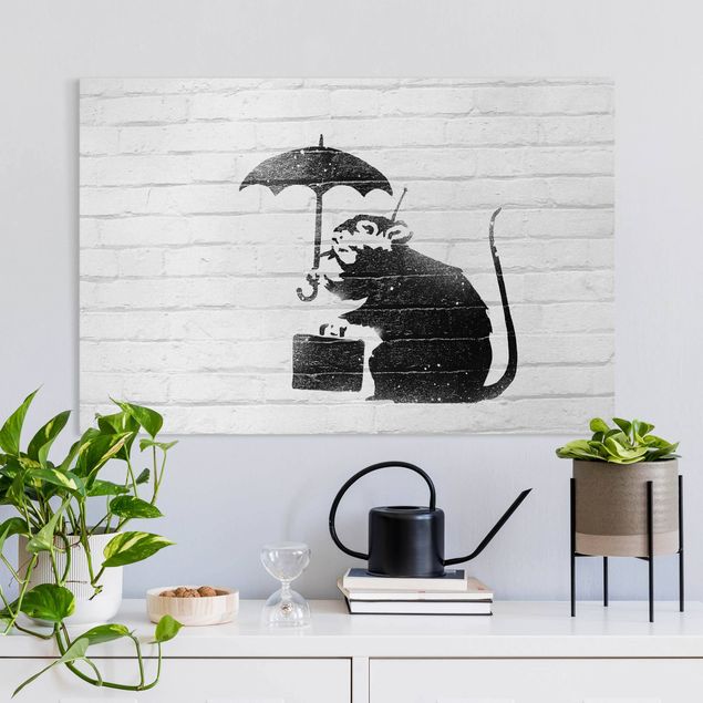 Tableaux sur toile en noir et blanc Banksy - Rat With Umbrella