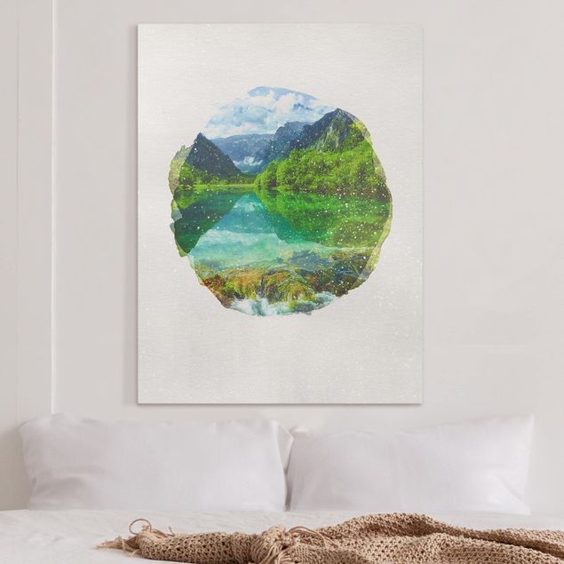 Déco murale cuisine Aquarelles - Lac de montagne avec reflet d'eau
