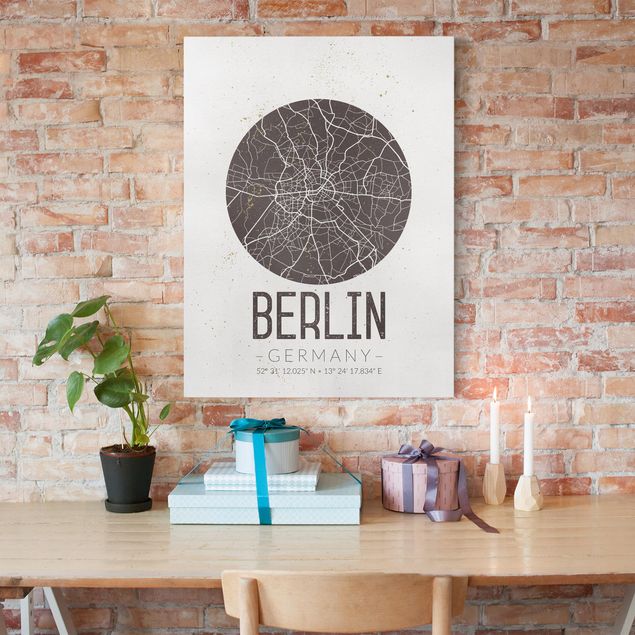 Tableaux sur toile en noir et blanc Plan de Ville de Berlin - Rétro