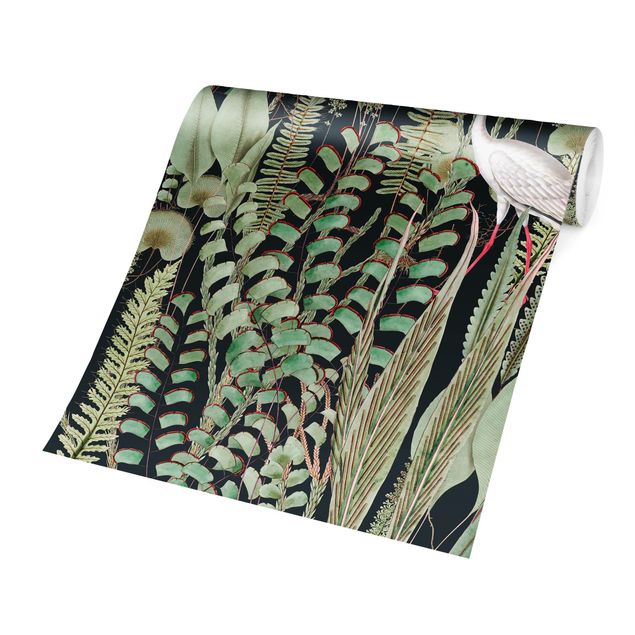 papier peint fleuri Flamant et Cigogne avec plantes sur fond vert