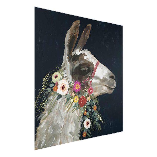 Tableau verre animaux Lama avec décoration florale I