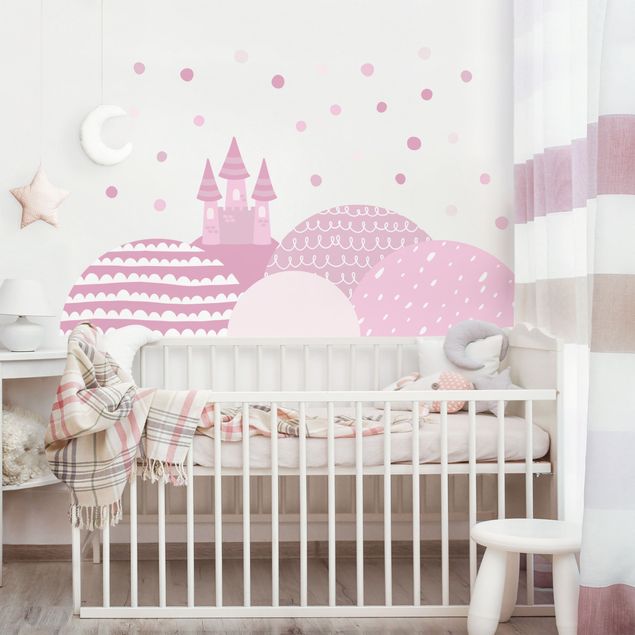 Sticker mural - Mountains castle pastel pink