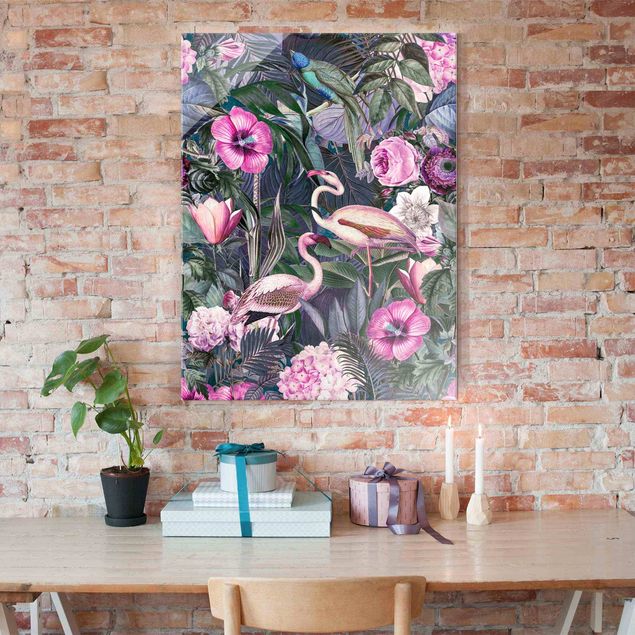 Déco mur cuisine Collage coloré - Flamants roses dans la jungle