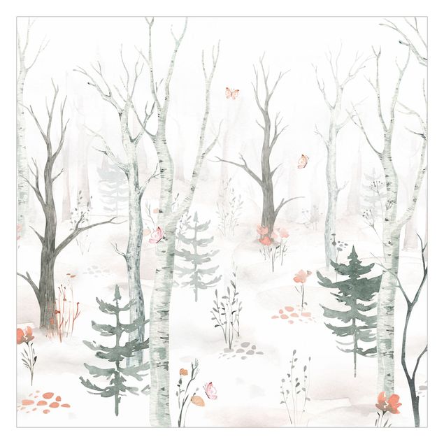 Papier peint forêt Forêt de bouleaux avec coquelicots