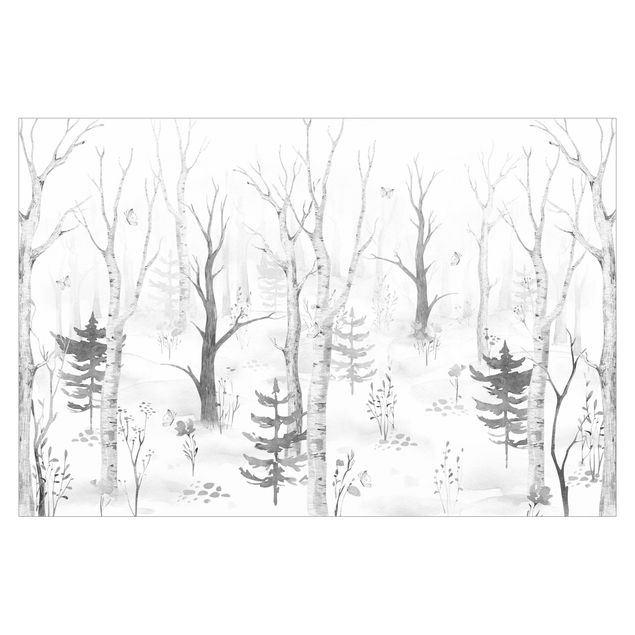 Papier peint noir et blanc Forêt de bouleaux avec coquelicots noir blanc