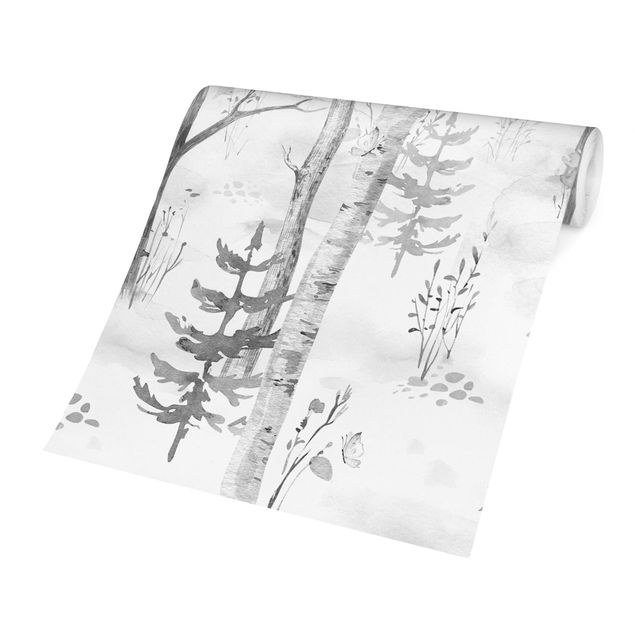 Papier peint fleurs Forêt de bouleaux avec coquelicots noir blanc