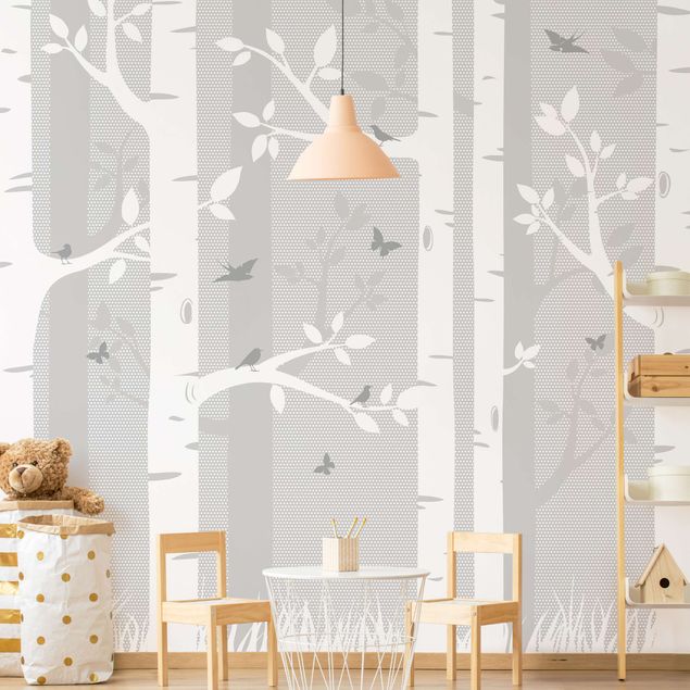 Papier peint panoramique forêt Forêt de bouleaux avec papillons et oiseaux