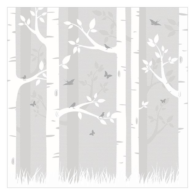 Papiers peints gris Forêt de bouleaux avec papillons et oiseaux