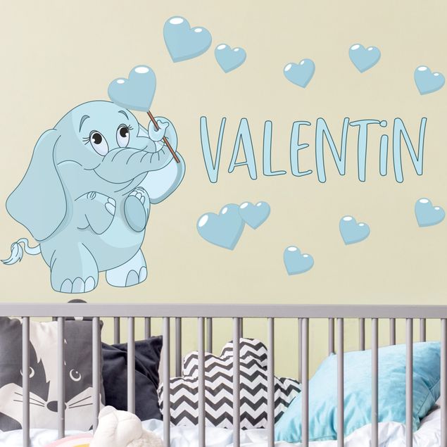 Sticker mural elephant Bébé éléphant bleu avec beaucoup de cœurs