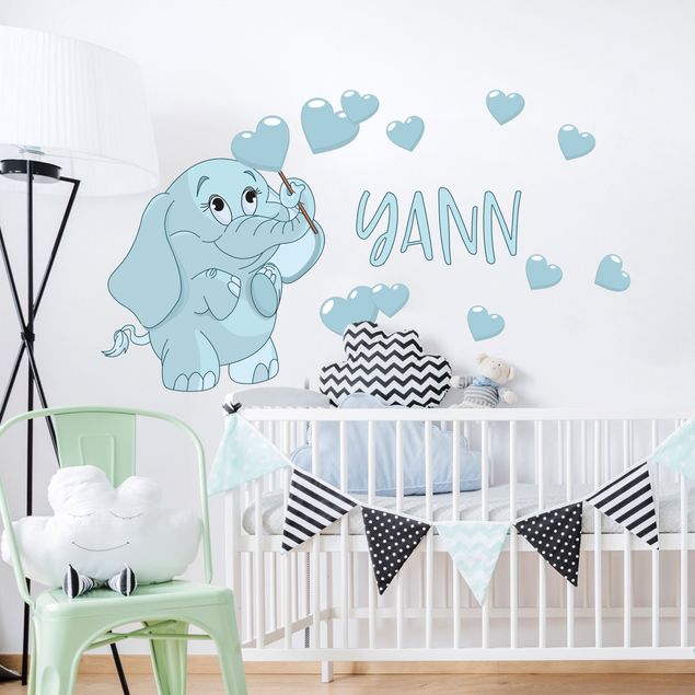 Sticker mur animaux Bébé éléphant bleu avec beaucoup de cœurs
