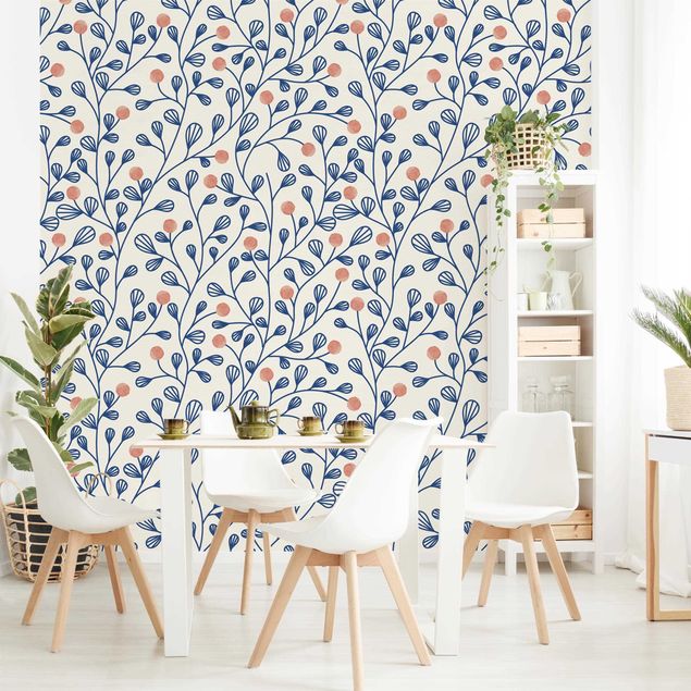 Papier peint moderne Blue Plant Pattern With Dots In LIght Pink