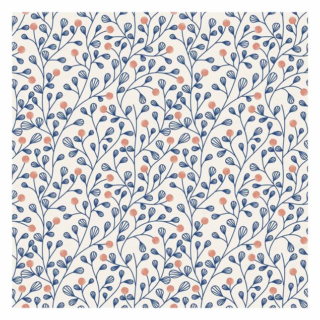 Papier peint panoramique Blue Plant Pattern With Dots In LIght Pink