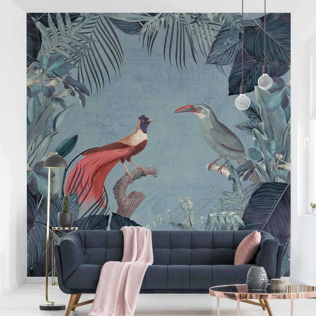 Déco mur cuisine Paradis bleu gris avec oiseaux tropicaux