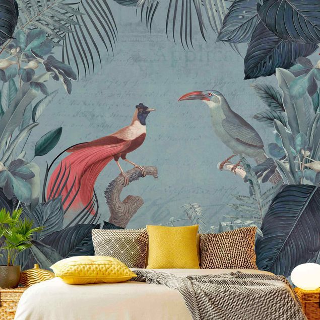 papier peint fleuri Paradis bleu gris avec oiseaux tropicaux