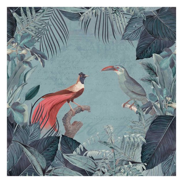 Tapisserie bleu Paradis bleu gris avec oiseaux tropicaux