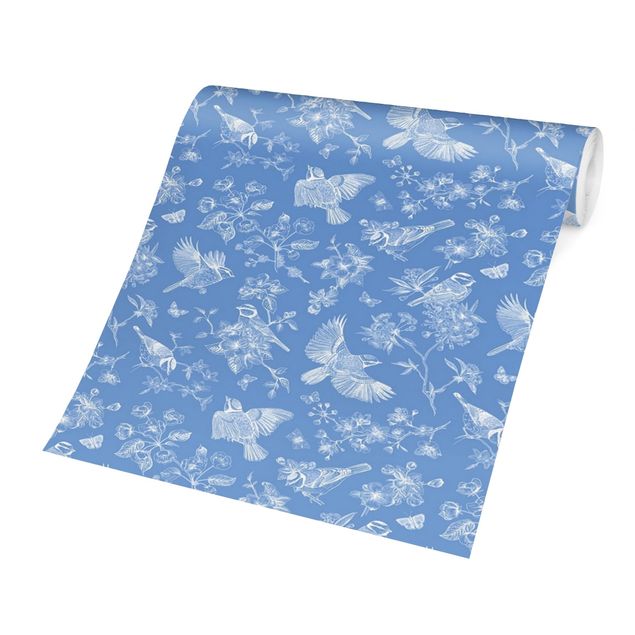 Papier peint animaux forêt Mésanges bleues devant le bleu