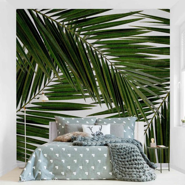 Papier peint panoramique paysage Vue à travers des feuilles de palmier vertes