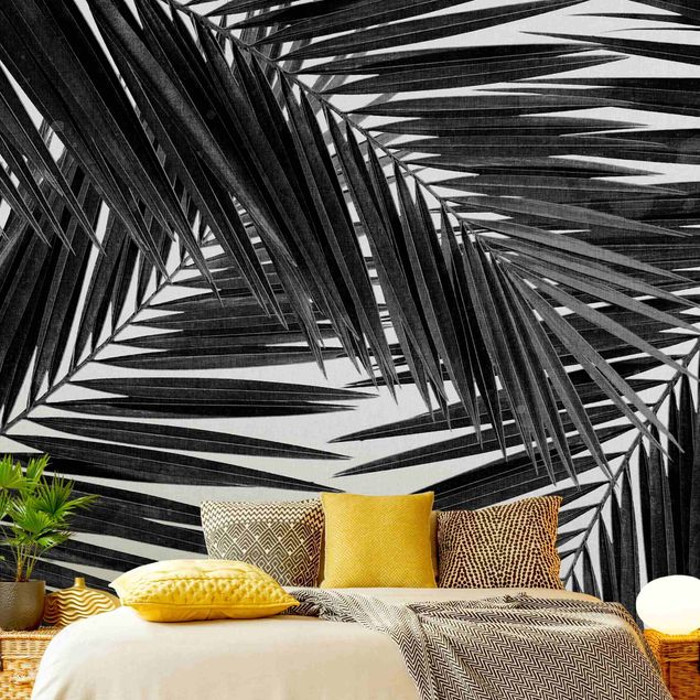 Tapisserie moderne Vue sur des feuilles de palmier noir et blanc