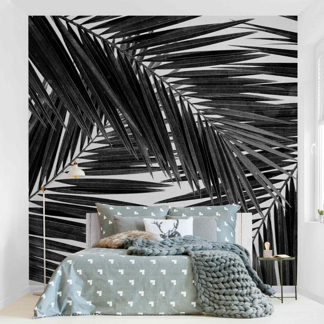 Tapisserie noir et blanc Vue sur des feuilles de palmier noir et blanc