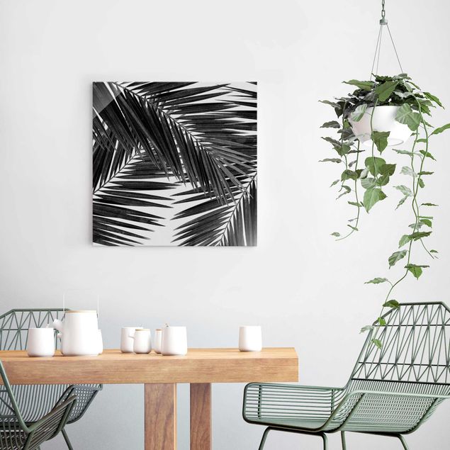 Tableaux paysage Vue sur des feuilles de palmier noir et blanc