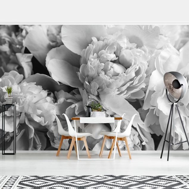 Papier peint moderne Blossoming Peonies Black And White