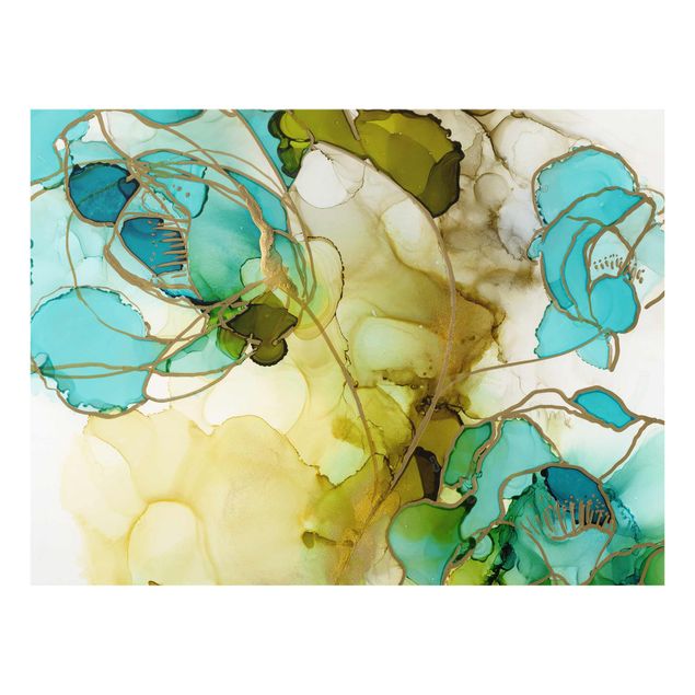 Tableau bleu turquoise Facettes de fleurs à l'aquarelle