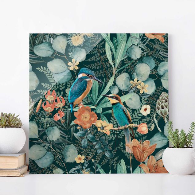 Déco murale cuisine Paradis floral martin-pêcheur et colibri
