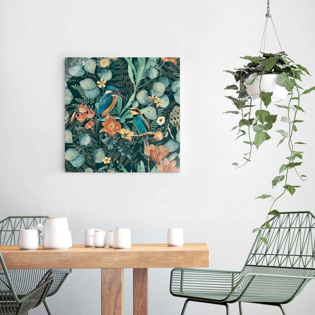 Tableau moderne Paradis floral martin-pêcheur et colibri