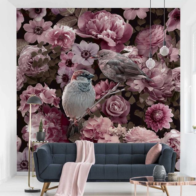 Déco mur cuisine Paradis floral moineau en rose antique