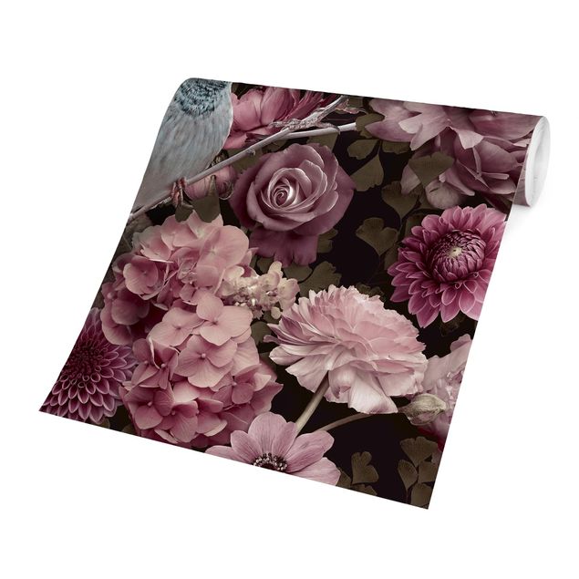 papier peint fleuri Paradis floral moineau en rose antique