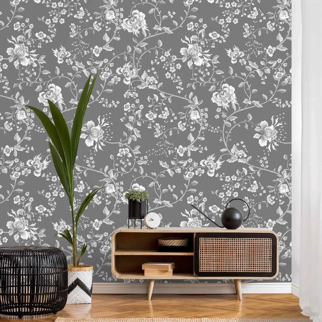 Papiers peints modernes Vrilles de fleurs sur gris