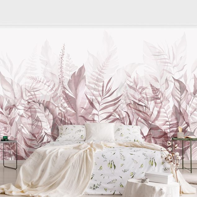 Papier peint floral Botanique - Feuilles tropicales rose