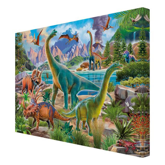 Tableaux multicolore Brachiosaure et triceratops