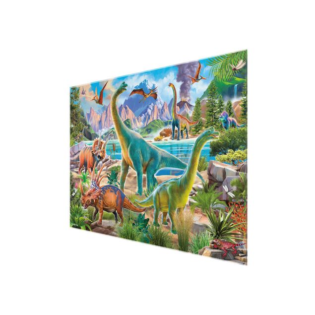 Tableau multicolor Brachiosaure et triceratops