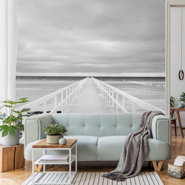 Papier peint panoramique mer Pont en Suède Noir et Blanc