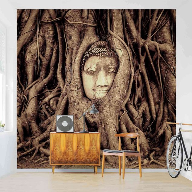 Tapisserie moderne Bouddha d'Ayutthaya doublé de racines d'arbre en brun