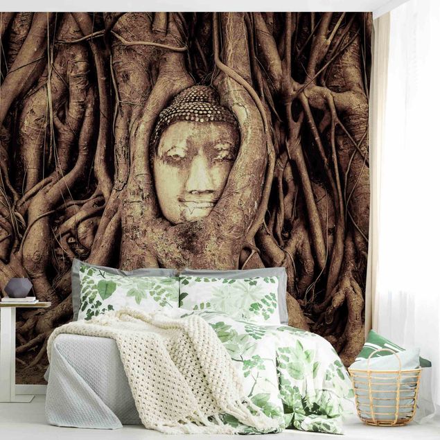 papier peint fleuri Bouddha d'Ayutthaya doublé de racines d'arbre en brun